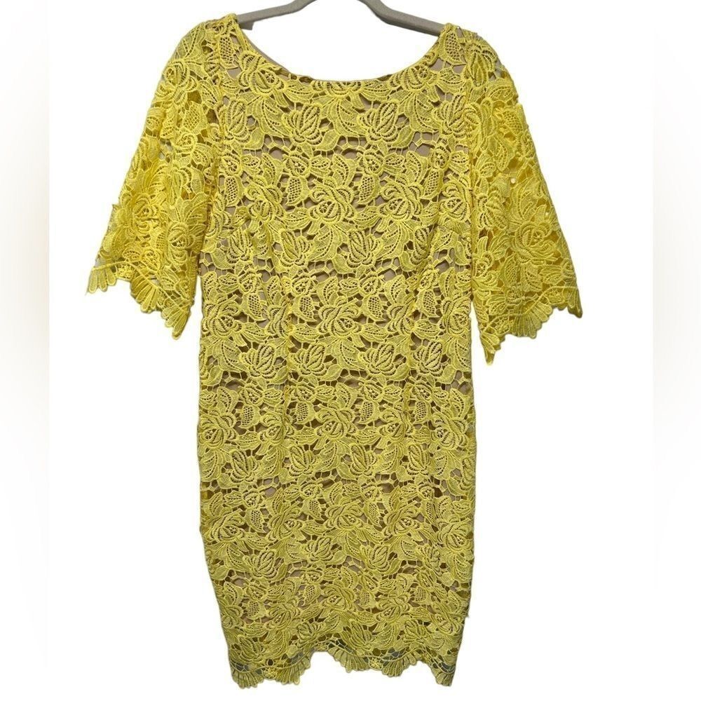 MARINA Yellow Lace Mini Sheath Dress Half Sleeve Casual Formal Cute Summer